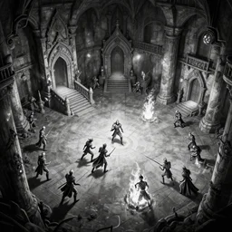 black and white point perspective dungeon cozy fantasy dungeon clean battle mages are fighting a group of fire trapmasters,by artgerm and Craig Mullins, James Jean, Andrey Ryabovichev, Mark Simonetti and Peter Morbacher 16k
