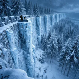 view from top of giant wall made of ice to dense snowy forest below, nightswatch, the wall, game of thrones, volumetric lighting, fantasy artwork, very beautiful scenery, very realistic painting effect, hd, hdr, cinematic 4 k wallpaper, 8 k, ultra detailed, high resolution, artstation