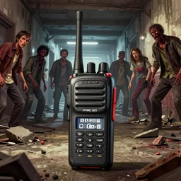 a macro perspective of a walkie - talkie in the center of the picture in rubble in gta v, worm's eye view, in a hallway with zombies in the background, stephen bliss, unreal engine, fantasy art by greg rutkowski, loish, rhads, ferdinand knab, makoto shinkai and lois van baarle, ilya kuvshinov, rossdraws, tom bagshaw, global illumination