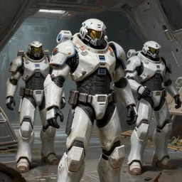 A comic book style painting of a group of soldiers in white and black colored power armours, advancing through an abandoned spaceship interior, unreal 5, DAZ, hyperrealistic, octane render, RPG portrait, dynamic lighting