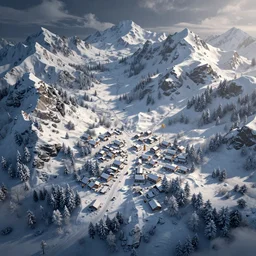 small winter town surrounded by mountains of a top down game, no ui