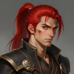 portrait, 30 years old man :: fantasy :: red hair ponytail :: left burn scars :: high detail, digital art, RPG, concept art, illustration, Deviantart
