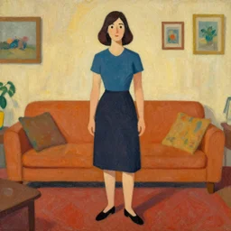 grainy screen print retro vintage james gilleard full body character portrait, simplified woman in her livingroom, full body portrait, very low poly, character design, oil painting filter, expressive brushstrokes, by james gilleard, retro vintage, 1 9 6 0's film grain and color scheme