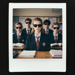 3 d vaporwave, grainy portrait polaroid film photograph of a schoolbook where everyone is wearing sunglasses and super serious. one of them is a mannequin. super resolution. extremely detailed. just a little weird. polaroid 6 0 0 film. by annie leibovitz and richard avedon