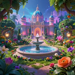 beautiful garden, next to a fountain and a mystical palace, illustrated by Greg Rutkowski and Gaston Bussiere, 35mm lens, beautiful macro close-up imagery, vibrantly lush neon lighting, beautiful volumetric-lighting-style atmosphere, a futuristic atmosphere, intricate, detailed, photorealistic imagery, trending on artstation, 4k, 8k