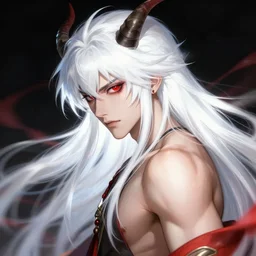 buffed guy with long white hair and horn, red eye makeup, style of makoto shinkai and artgerm and loish, dynamic lighting trending on artstation