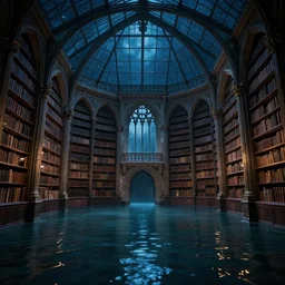 inside a gothic library but the ground are submerged in water and the night sky is under its roof, wide range shot, dreamy mood, cinematic ambiance, John Williams Waterhouse, wlop, artstation inspiration, pinterest,