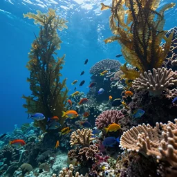 magical unimaginable beautiful underwater life in detail, algae, corals, packs of colorful fish, underwater fabulous inhabitants, cinematic light, hyperrealistic