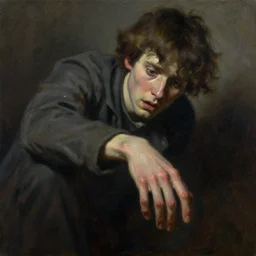 a stunning painting of a terrified person, his hand is slowly disappearing by thomas kinkade and john aktinson grimshaw, matte painting, moody palette
