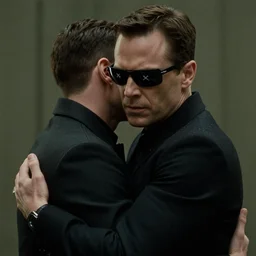 film still of agent smith hugging neo in the new matrix movie, 8 k, highly detailed face, dark glasses