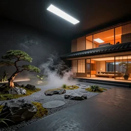 real estate photo of the interior of a futuristic japanese house with traditional japanese garden, dramatic lighting, smoke, ceiling fluorescent lighting, black and orange colour palette, wide angle shot