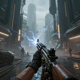 first person point of view of a gunner in a futuristic city, cinematic lightning, ray tracing, unreal engine 5, photorealistic, 8 k, uhd, 4 k, call of duty game concept, extremely detailed, beautiful, elegant, intricate, foggy, in - game footage