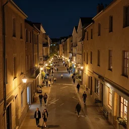 high quality photograph of one city street at night, photo taken at eye height, extremely wide angle, nightlife, people walking, 4 k professional photograph, nice place to live, midrise buildings, cozy, soft warm street lamps, small windows, cozy, trending on artstation, detailed, beautiful, photograph, realistic