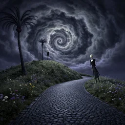 dark tones, curled perspective digital art of spiral clouds cobblestone street with wildflowers top of a hill with spiral palmtrees by anton fadeev from nightmare before christmas. horton hears a who!