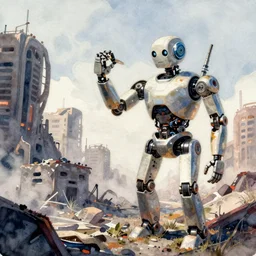 watercolour painting of a broken robot repairing its own arm in a post apocalyptic city street, anime, pencil lines, light watercolour, pale sky, dirty streets, beautiful artwork, anime screenshot, akihabara, remaster