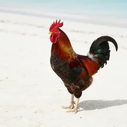 a photograph of a rooster standing on a beautiful white sand Philippines beach