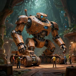 engineers work around a giant organic wooden mech in an orgainic wooden loading bay, solarpunk, class tanks, organic bioluminescent lights, forest canopy understory, cinematic lighting, dark and moody, octane render, 3 d pixar disney digital cgi rtx hdr painting, highly detailed, artstation cgsociety masterpiece, by syd mead, greg rutkowski, wlop, artger
