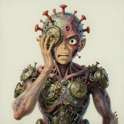 centred painting of a human with rare clockwork virus skin disease, pain, agony, octane rendering, trending on artstation, studio ghibli, michael whealan and james gurney