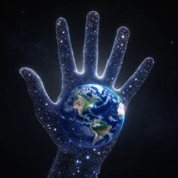 a millions of stars in the shape of a hand reaches towards planet earth, high detail, space, artstation, octane render, backlit