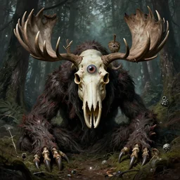 hyperdetailed art nouveau portrait of treebeard as a cthulhu eyeball moose skull wendigo cryptid monster, by geof darrow, simon bisley and bill sienkiewicz, grim yet sparkling atmosphere, photorealism, claws, skeleton, antlers, fangs, forest, wild, bizarre, horror, lynn varley, lovern kindzierski, steve oliff