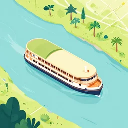 isometric aerial view of the jungle cruise riverboat in a river, colorful, flat style, nautical navigation map, minimalist modern illustration ink drawing retro poster art