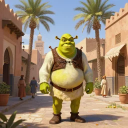 shrek travels through marrakech streets, palm trees, highly detailed, digital painting, artstation, concept art, smooth, sharp focus, illustration, art by artgerm and greg rutkowski and alphonse mucha