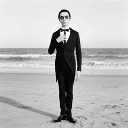 b & w photo of fester addams at the beach