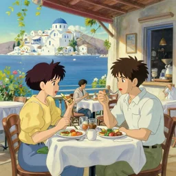two friends enjoying lunch in a beautiful greek restaurant, finely detailed perfect art, painted by greg rutkowski mengo yokoyari studio ghibli