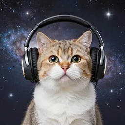 Cute cat wearing headphones, galaxy background