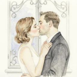 delicate watercolor and pencil painting on paper, of lovers kissing by the decorated window. beautiful lighting. close up. klee and freud style. clear face. 4 k post - processing, trending in art station, cg society, highly detailed, 5 k extremely detailed, 3 d. cinematic scene. sharp image