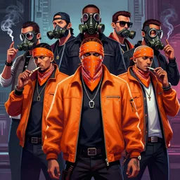 drug dealer gangs, using orange bandana, and orange jacket, some of member smoking, and other wear gas mask. pop art, pixel, bioshock infinite art style, gta chinatown wars art style, dynamic proportional, dynamic composition, face features, body features, ultra realistic art, digital painting, concept art, smooth, sharp focus, illustration, intricate, without duplication, elegant, confident posse, art by artgerm and richard hamilton and mimmo rottela