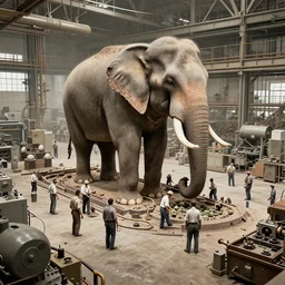 digital art of workers working on a gigantic elephant factory, 1960 technology, art station