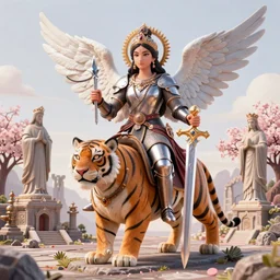 3 d render of catholic knight, angel with an excalibur magical sword portrait and hindu goddess cybergoth riding a bengal tiger, temple ruins, catholic saint statue ruins, landscape, sakura season, against a psychedelic surreal background with 3 d butterflies and 3 d flowers n the style of 1 9 9 0's cg graphics against the cloudy night sky, lsd dream emulator psx, 3 d rendered y 2 k aesthetic by ichiro tanida, 3 do magazine, wide shot