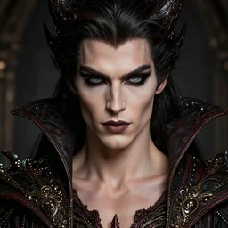 portrait of the evil wizard King a stunning timeless beauty, breathtaking eyes, perfect skin, feathered eyelashes, royal gothic dress with a lot of leather, incredibly intricate, digital art, blender, houdini & photoshop, very elegant & complex, hyper-maximalist, overdetailed, epic cinematic quality, DSLR HDR 8k, facial feature symmetry. Male character. Lean and muscular. Trending on Artstation. By Bastien Lecouffe-Deharme. Monica Merlo