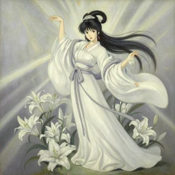 oil painting by makoto shinkai and john singer sargent, full body, chinese taoist fairy goddess played by aragaki yui, hyper detailed, character concept, dynamic pose, intricate, lineart, cerpuscular rays, lily flowers. 8 k