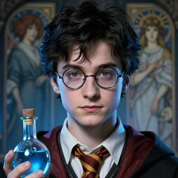 digital art, sharp focus, close - up, character portrait, a seventeen years old male!! ravenclaw wizard black, slightly wavy hair, wearing browline!! glasses!!! with a potion bottle!!!, blue shiny lighting, beautiful fantasy art, film still, masterpiece, award winning, symmetry, by artgerm and hayao miyazaki, by rutkowsky, by alphonse mucha, artstation, hq, trending on artstation