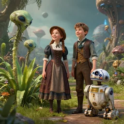 set in a steampunk world, a girl and a boy standing next to some alien plants, looking happy, wearing victorian clothes, their pet droid is nearby, in a park on a alien planet, ultra realistic facial details, enhanced faces, ultra photorealistic raytracing, 8k