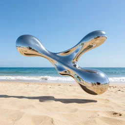 chrome blob hovering over sandy sunny ocean beach, kinetic art, biomorphic, made of liquid metal, polycount, physically based rendering, ultrawide