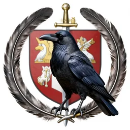 a crow, with a circle of metal feathers surrounding, sword and sheild background, full colour, coat of arms, very detailed, jonathan pointer, janie penny,