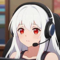 high quality portrait of a cute red eyed girl with long white hair wearing a headset in her room interior. art by ( ( makoto shinkai ) ), ilya kuvshinov, crunchyroll, pixiv, danbooru, hd, headshot, cinematic still, anime face!!!, bokeh, digital art, cel shading, 4 k