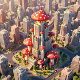 low poly 3 d render of a magnificent mushroom skyscraper in a solarpunk city, red and white spotted mushroom, lat lighting, highly populated and full of life, isometric aerial view, epic sense of scale, digital art by beeple, trending on artstation