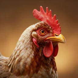 Kratos has a chicken head, screenshot, volumetric lighting, high detail, 4k, warm toned gradient background