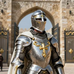man looking forward in iron decorated with gold baroque style christian crusader plate armor, cylindrical crusader great helm covering all his head decorated with golden cross on front it's front and white cape covering most of his body standing at the gates of jerusalem drawn by greg rutkowski realistic high detail