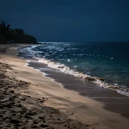 on the beach by the sea, at night, unreal engine rendering, with light and shadow