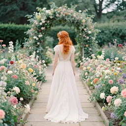 analog photograph of beautiful orange - haired bride from the back wearing a long flowing wedding dress in stunning flower garden on a stone pathway with an archway at midday by mark owen. pastel colours. hessian. bokeh. cinematic. hq. detailed. contrast. cinestill 8 0 0 t