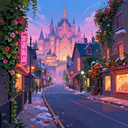 street road and winter fall ivy flower Tekkonkinkreet treasure town in the sky horizon comics illustration  digital art painting by fanart artstation vivid color neon bar  Photorealistic cinematic volume lighting