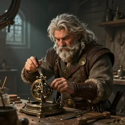 An epic fantasy comic book style portrait painting of a an old tinker fat man working on a device in her workshop in the style of the wheel of time, unreal 5, DAZ, hyperrealistic, octane render, cosplay, RPG portrait, dynamic lighting