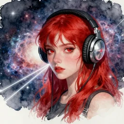 concept art of a girl with red hair and red eyes wearing headphones with galaxy background, pinterest, artstation trending, behance, watercolor, by coby whitmore, silver, laser light,