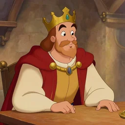 highly detailed, semi - realistic traditional cartoon contemporary digital illustration, colored contours, well shaded, portrait of king arthur leaning over a table, by walt disney