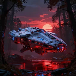 futuristic giant starship, in the dark woods, puddles of red water, stunning volumetric lighting, sunset, trending on Artstation, 8k, photorealistic, hyper detailed, unreal engine 5, cinematic, epic lighting, cryengine, octane render, cyberpunk, red and blue glow, dark, gloomy